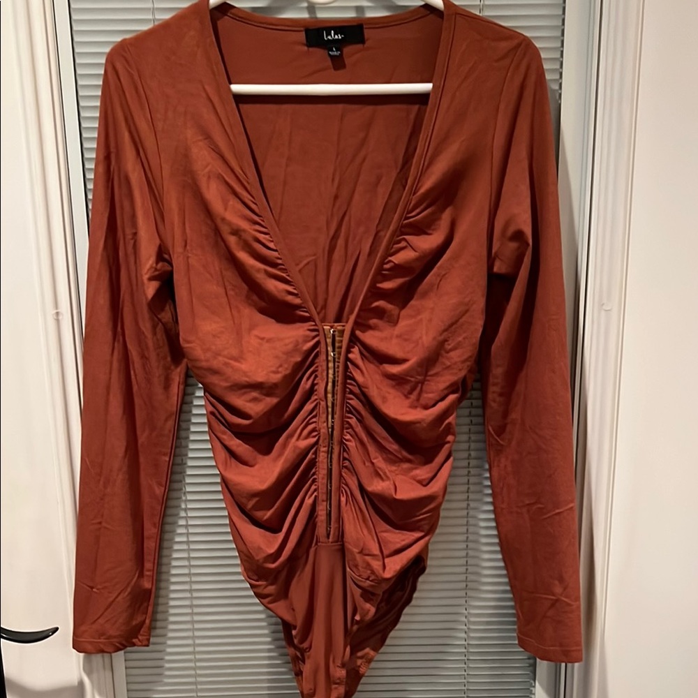 Lulu's Brown Long Sleeve Ruched Bodysuit